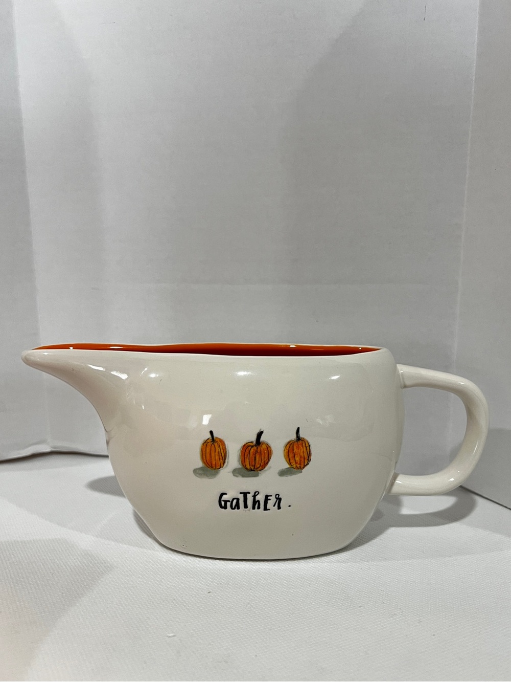 Rae Dunn Pumpkins GATHER Gravy Boat Orange Interior Harvest Thanksgiving